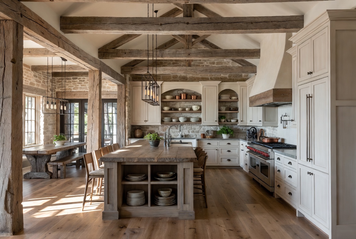Diseño de interiores en Málaga y Marbella – cocina rústica de estilo finca con vigas de madera y piedra natural por Design & Style
