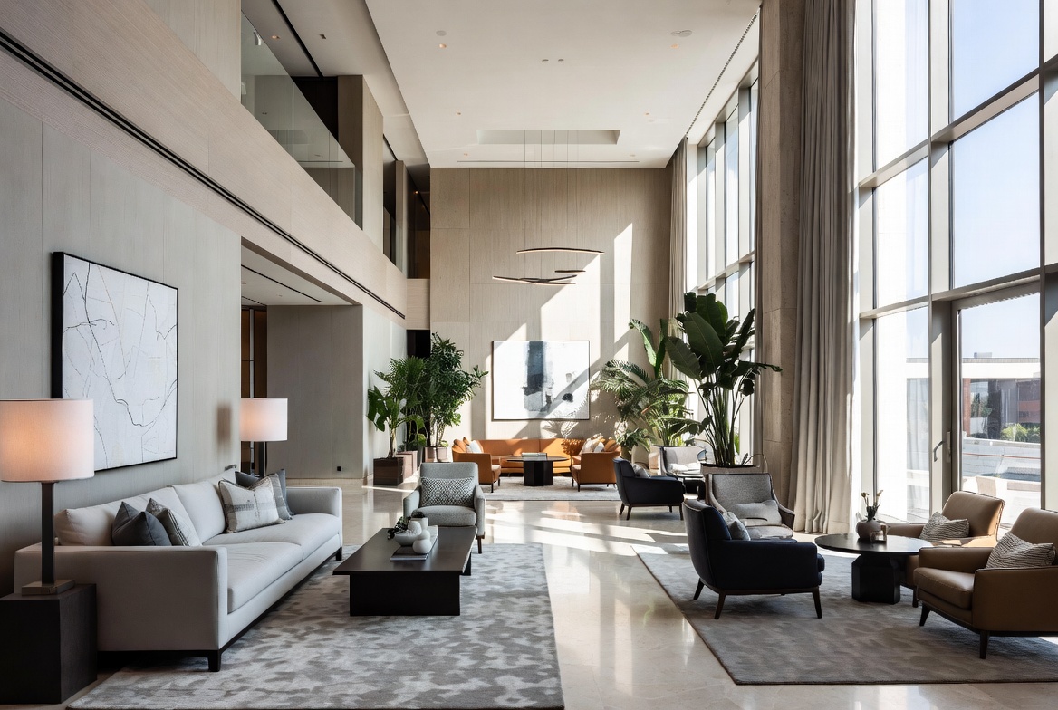 Diseño de interiores en Málaga y Marbella – lobby moderno de doble altura con grandes ventanales por Design & Style