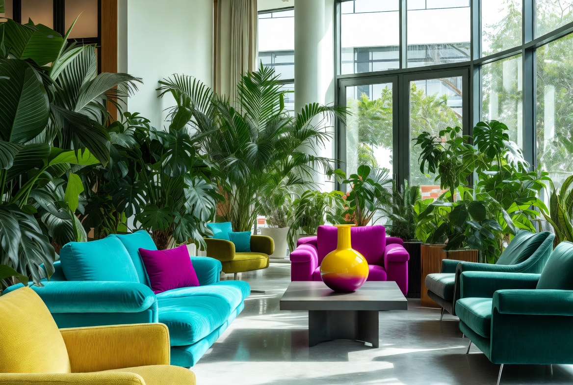 Diseño de interiores en Málaga y Marbella – lounge colorido con sofás vibrantes y plantas tropicales por Design & Style