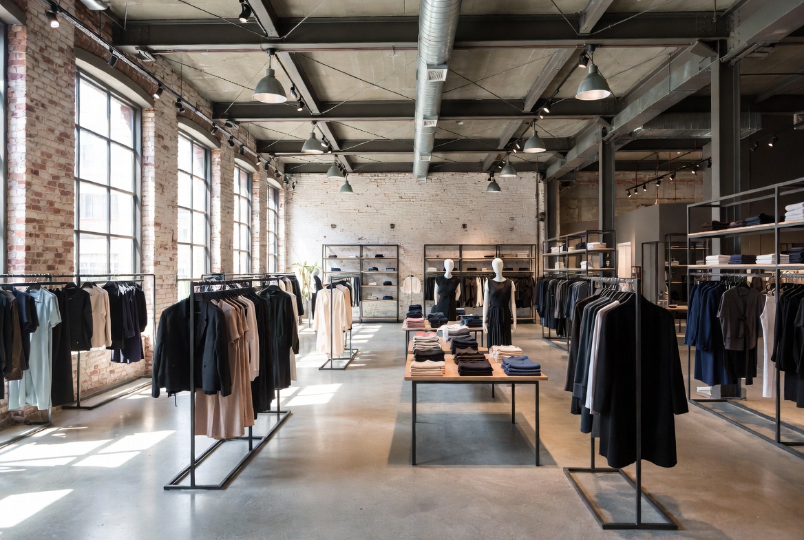 Diseño de interiores en Málaga y Marbella – tienda de moda industrial con ladrillo visto y estructura metálica por Design & Style