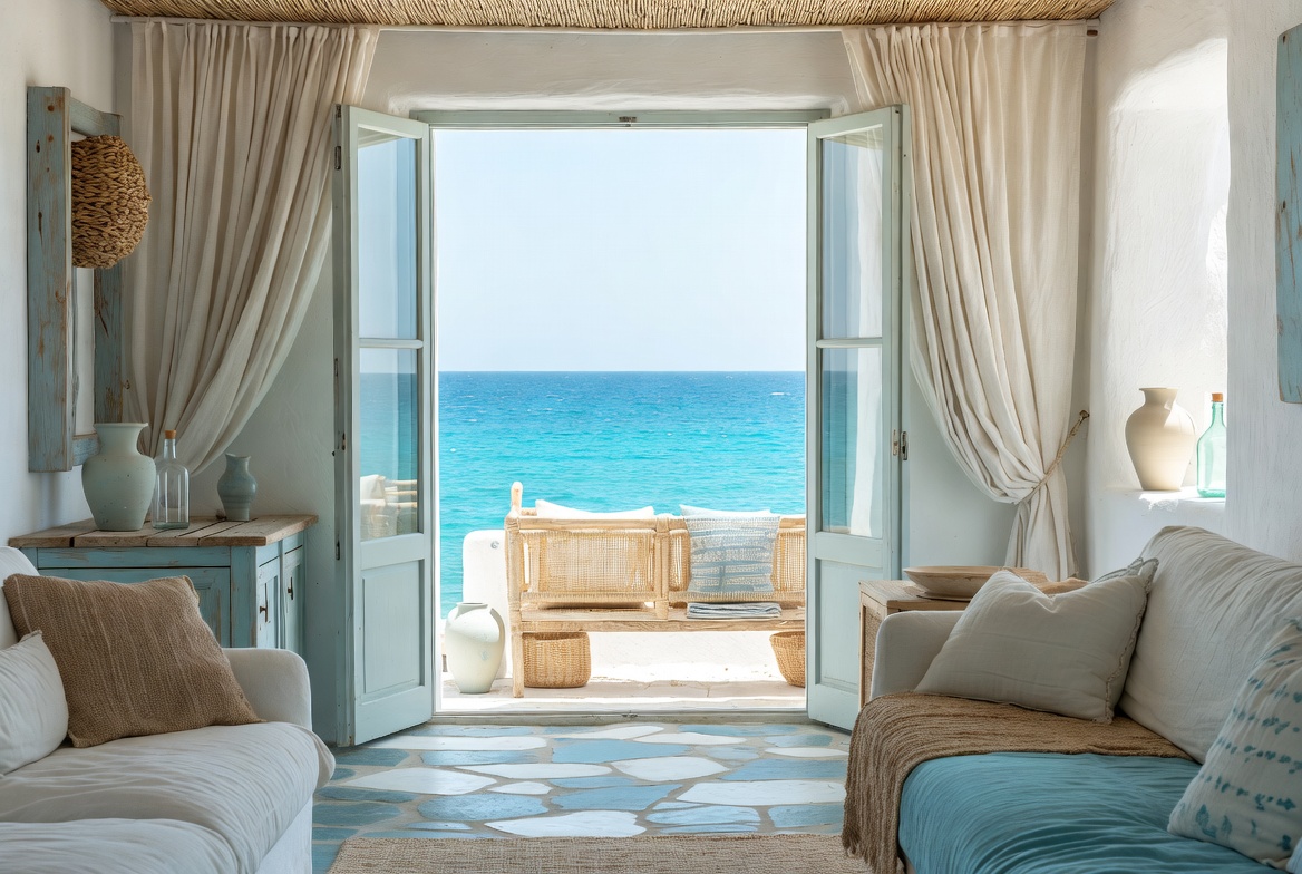 Salón de diseño de interiores estilo mediterráneo con vistas al mar en Marbella