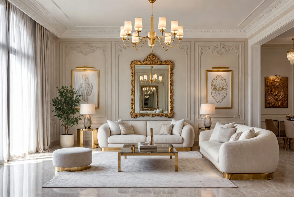 Salón de estilo clásico con molduras, espejo dorado y lámpara de araña en Marbella