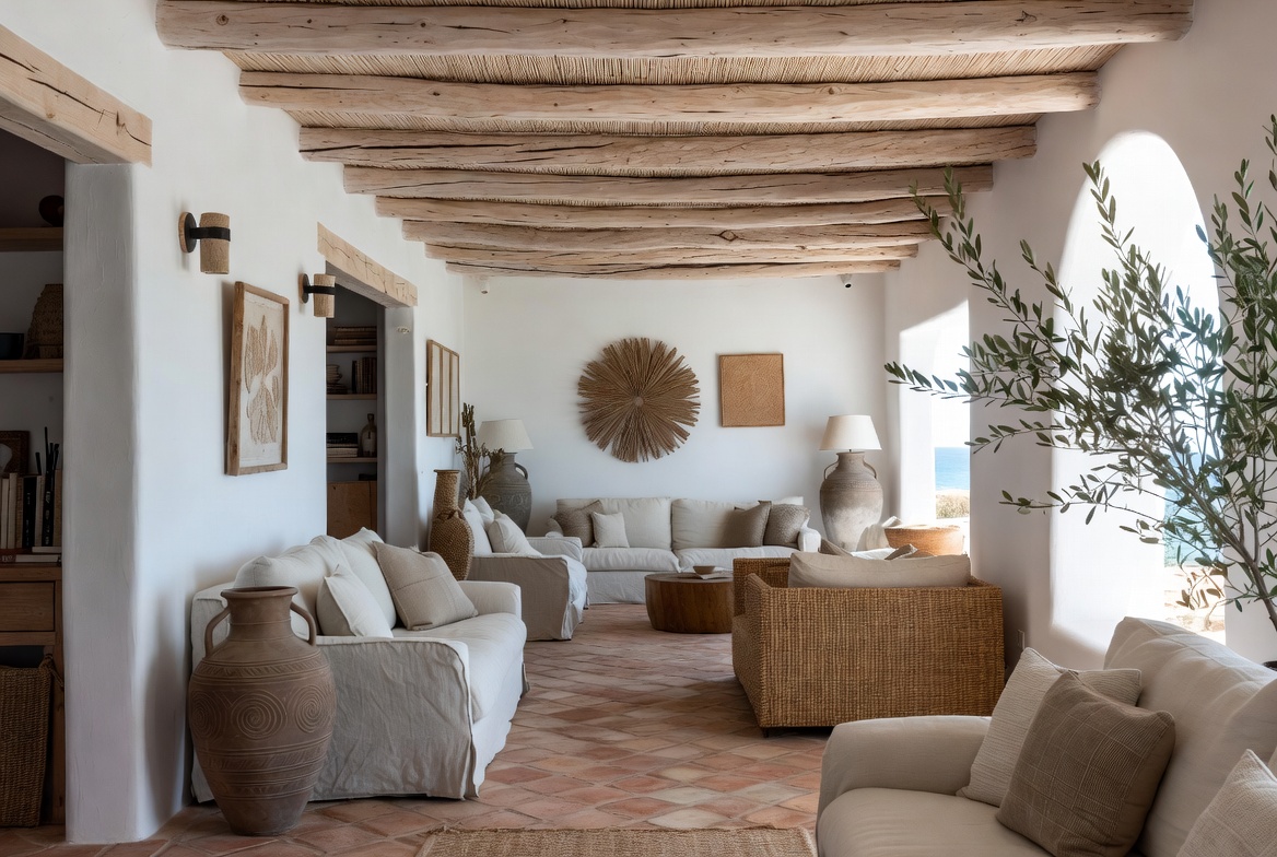 Salón de estilo mediterráneo con cal, madera y fibras naturales en una villa de la Costa del Sol