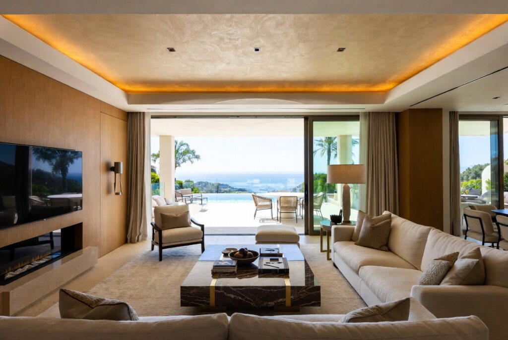 Diseño de interiores para villa de lujo open concept con salón y comedor integrados en Málaga
