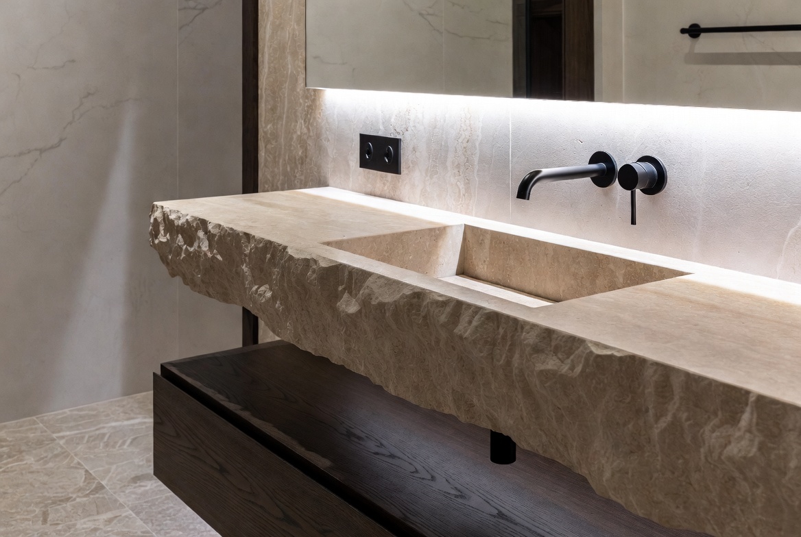 Encimera de baño en piedra natural de canto rústico con lavabo integrado y grifería empotrada negra en Marbella.